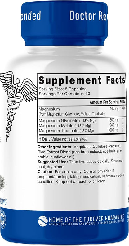 Nutri Triple Magnesium Complex 440mg - Magnesium Glycinate, Malate, & Taurinate - 100% Chelated for Maximum Absorption - 120 Vegan Capsules - Triple Complex Magnesium - Magnesio Triple Complex