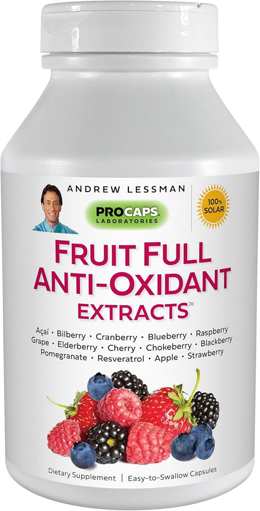 ANDREW LESSMAN Fruit Full Anti-Oxidant Extracts 60 Capsules - 14 Natural Fruit and Berry Extracts. Bilberry, Cranberry, Grape Seed, Pomegranate, Resveratrol, and More. Easy to Swallow Capsules