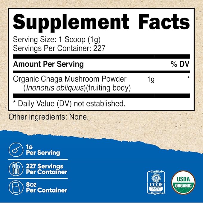 Nutricost 100% Organic Chaga Mushroom Powder 8oz (227 Servings) - Certified USDA Organic, Gluten Free & Non-GMO