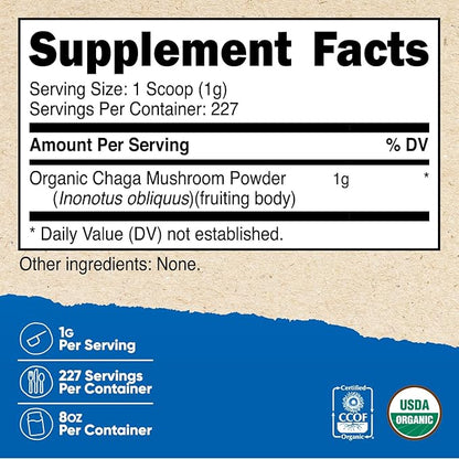 Nutricost 100% Organic Chaga Mushroom Powder 8oz (227 Servings) - Certified USDA Organic, Gluten Free & Non-GMO