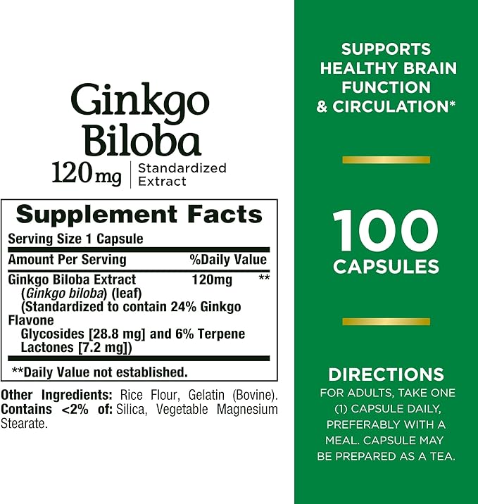 Nature's Bounty Ginkgo Biloba Capsules 120mg, Memory Support Supplement, Supports Brain Function and Mental Alertness, 100 Capsules (Pack of 3)
