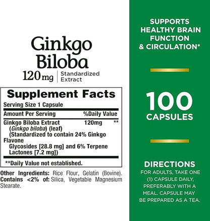 Nature's Bounty Ginkgo Biloba Capsules 120mg, Memory Support Supplement, Supports Brain Function and Mental Alertness, 100 Capsules (Pack of 3)
