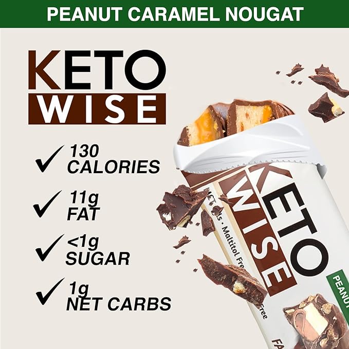 Keto Wise Fat Bombs - Made with Chocolate containing MCT Oil - Low Fat, Low Carb and Keto Friendly Snack - 7g Fat, 2g Net Carbs | Peanut Caramel Nougat, Pack of 16