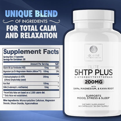200 MG 5-HTP Elite with Kava Root Extract, Magnesium & SAM-e to Maintain Normal Healthy Sleep & Create a Sense of Wellbeing - 5HTP Supplement with Vitamin B6 - 60 Capsules, 30 Servings
