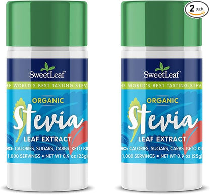 SweetLeaf Organic Pure Stevia Powder Shaker Jar - Zero Calorie Sweetener with Pure Stevia Leaf Extract, 1000 Servings per Container, No Additives, Sugar Free, Keto Friendly - 0.9 Oz (Pack of 2)