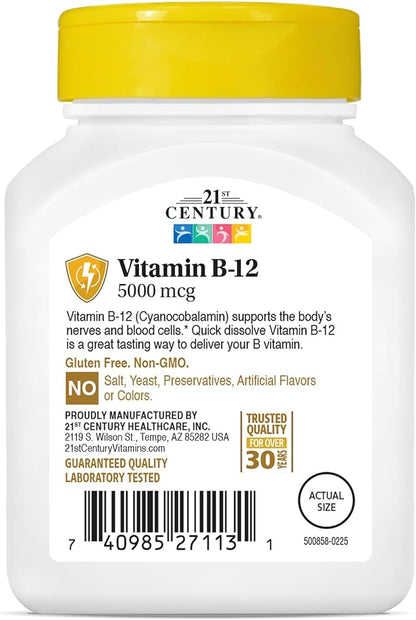 21st Century B-12 5000 mcg, 110 Cherry Flavored Sublingual Tablets, 110 Count