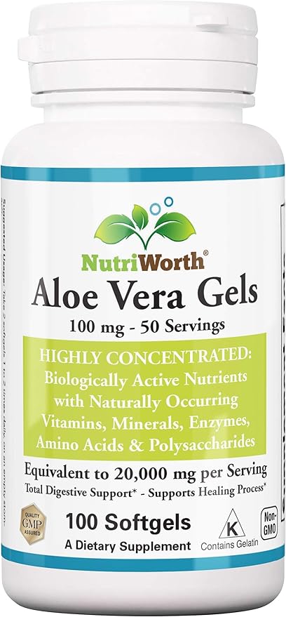 Aloe Vera Supplement (100 Softgels) 20,000mg Pure Gel Equivalency – Made with Organic Aloe Vera