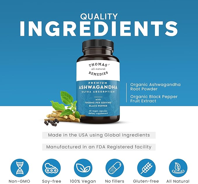 Thomas' all-natural Remedies Organic Ashwagandha Stress Support Supplement, Mood & Energy Support, Pure Ashwagandha 1000mg, Ultra Absorption with Black Pepper, Vegan, No fillers