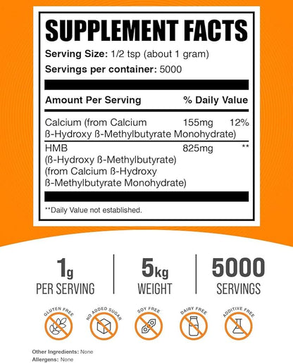 BulkSupplements.com HMB Powder - as Calcium HMB, Beta-Hydroxy Beta-Methylbutyrate - HMB Powder Supplements, Gluten Free - 1000mg per Serving, 5kg (11 lbs) (Pack of 5)