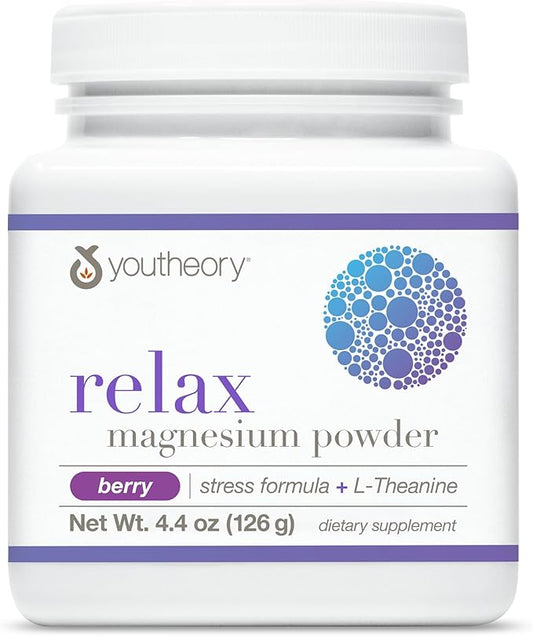 Youtheory Relax Magnesium Powder - Vegan Stress Relief Supplement with L-Theanine & GABA* - Supports Relaxation* - Dairy, Soy & Gluten Free - Berry, 4.4 oz