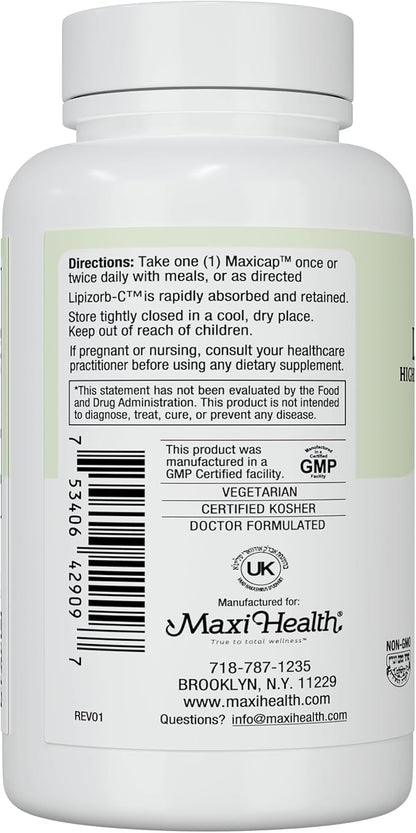 Maxi Health Liposomal Vitamin C 500mg Capsules with Digestive Blend, Highly Absorbable High Dose VitaminC, Non GMO Kosher Vegetarian Doctor-Formulated Immune Support Supplement (90 Count)