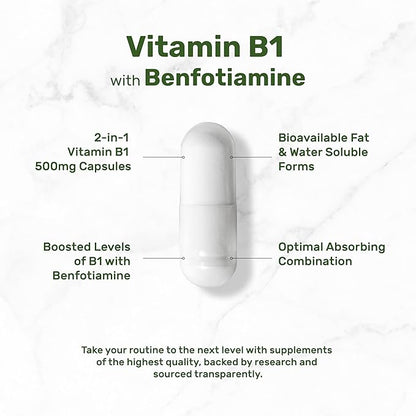 Deal Supplement Vitamin B1 500mg with Benfotiamine, 240 Capsules – 2 in 1 Enhanced Formula – Fat & Water Soluble Thiamine B1 Supplement – Third Party Tested, Non-GMO, No Gluten