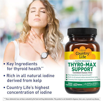 Country Life Thyro-Max Support - Kelp-Derived Iodine & L-Tyrosine Thyroid Supplement for Men and Women - B Vitamins, Gluten-Free, Vegan, Kosher - 60 Capsules