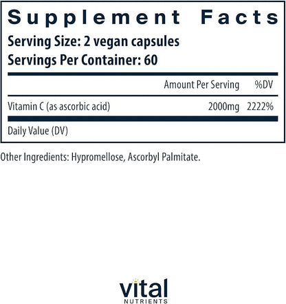 Vital Nutrients Vitamin C 1000mg (100% Pure Ascorbic Acid) | Vegan Antioxidant Supplement for Immune Support and Iron Absorption* | Gluten, Dairy and Soy Free | Non-GMO | 120 Capsules