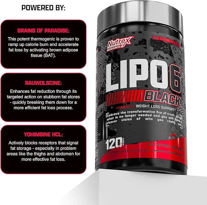 Nutrex Lipo-6 Black Max Strength Fat Burner - Fast Acting Energy, Weight Loss Diet Pills – Appetite Suppressant, Metabolism Booster - 120 Capsules