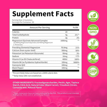 Magnesium Glycinate Gummies 1000mg - for Adults Magnesium Potassium Supplement with Vitamin D, B6, CoQ10 for Calm Mood & Sleep Support - 60 Raspberry Gummies -1 Pack