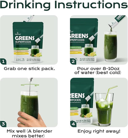 Greens Superfood Powder Packets, 0 Sugar, 40+ Superfoods Drink Mix, Fiber, Prebiotics, Red Ginseng & Saffron, Daily Live It Up Super Greens Powder, Immune Support & Energy, Unflavoured, 15 Packets