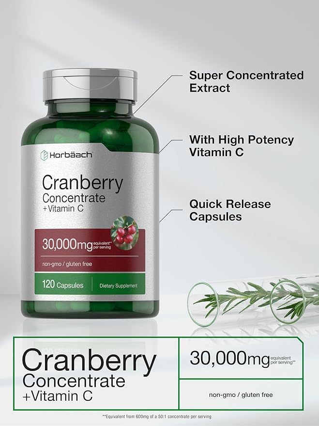 Horbäach Cranberry Concentrate Extract Pills + Vitamin C | 30,000mg | 120 Capsules | Triple Strength Ultimate Potency Formula | Non-GMO and Gluten Free Supplement