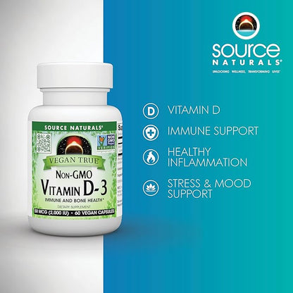 Source Naturals Vegan True, Non-GMO Vitamin D-3, Dietary Supplement for Immune and Bone Health*, 2,000 IU - 60 Capsules