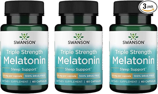 Swanson Triple Strength Melatonin - Natural Sleep Support for Disrupted Sleep Cycles - (60 Capsules, 10mg Each) (3 Pack)