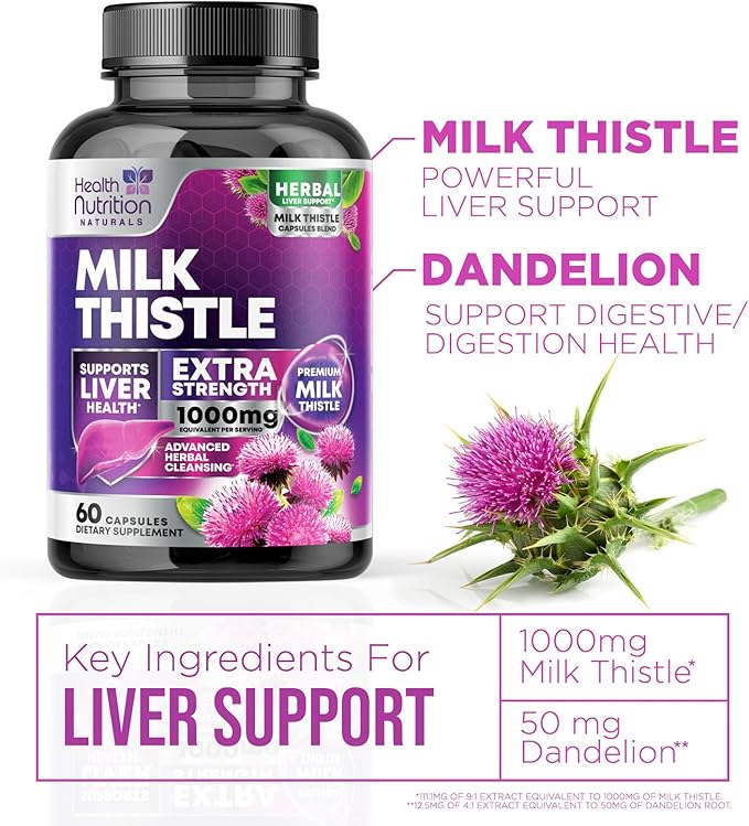 Milk Thistle Extract - Liver Cleanse Detox & Repair Formula with Dandelion Extract 1000mg - Herbal Liver Supplement - Nature's Milk Thistle w/Silymarin Marianum, Supports Liver Health - 60 Capsules