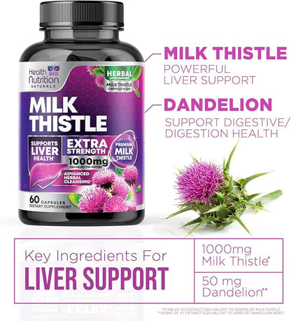 Milk Thistle Extract - Liver Cleanse Detox & Repair Formula with Dandelion Extract 1000mg - Herbal Liver Supplement - Nature's Milk Thistle w/Silymarin Marianum, Supports Liver Health - 60 Capsules
