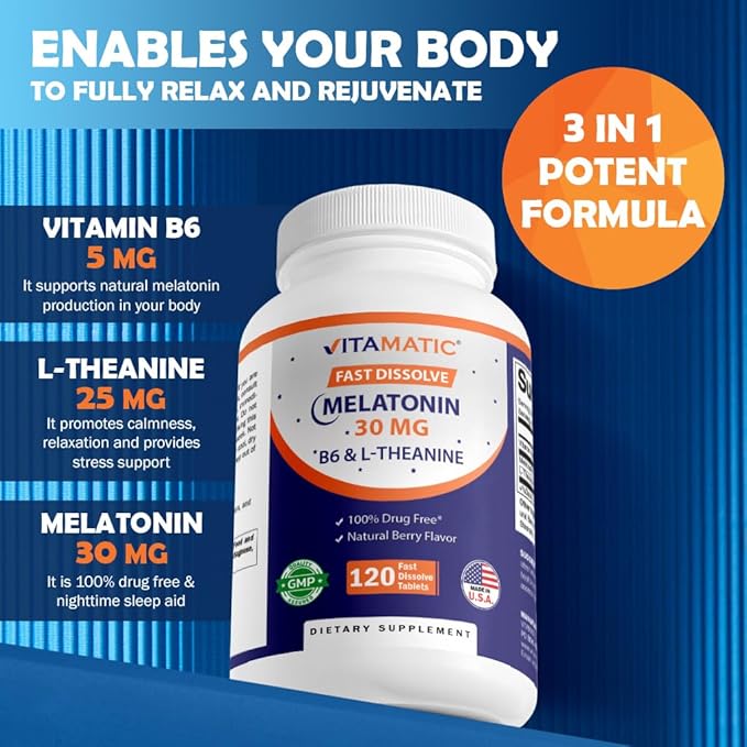 Vitamatic Melatonin 30 mg - with B6 & L-Theanine - 120 Fast Dissolve Tablets with Natural Berry Flavor (2 Tablets Dose = Melatonin 60 mg) (120 Count (Pack of 1))