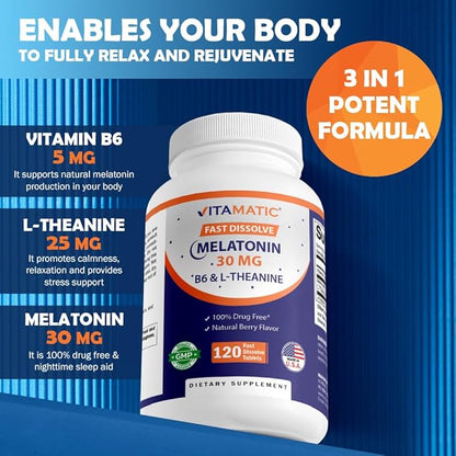 Vitamatic Melatonin 30 mg - with B6 & L-Theanine - 120 Fast Dissolve Tablets with Natural Berry Flavor (2 Tablets Dose = Melatonin 60 mg) (120 Count (Pack of 1))
