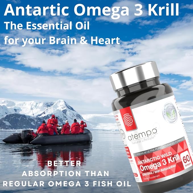 Antarctic Krill Oil 1000mg Rich in Omega 3 Healthy Fatty Acid Extra Strength EPA & DHA with Natural Astaxanthin, Heart & Brain Health, Superior Absorption 60 Small softgels. No Aftertaste or Reflux