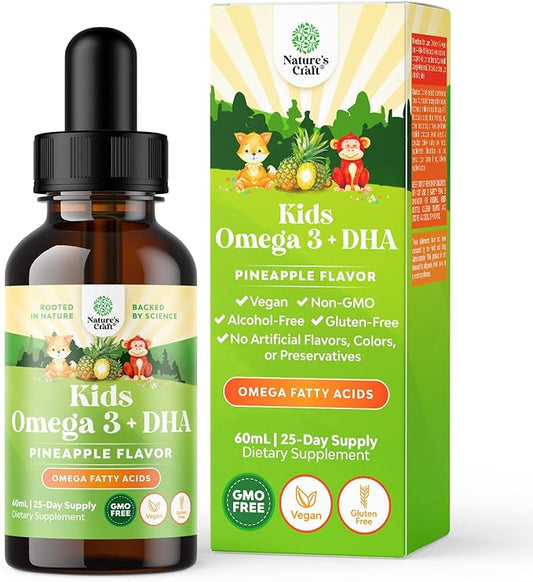 Kids DHA Omega 3 Drops - Fatty Acids Omega 3 6 9 for Brain, Immune Strength & Vision - Nutritional DHA for Kids for Healthy Nervous System & Focus Support - Liquid Supplement with EPA & ALA - 2 Fl Oz