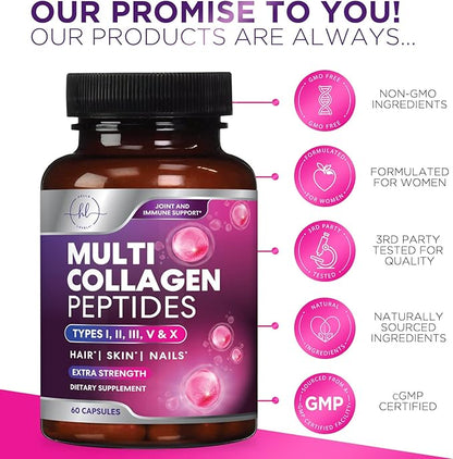 Best Collagen Peptides for Women - Multi-Collagen Hydrolyzed Complex 5 Types, Grass Fed Peptides for Hair, Skin, Nail, Bone & Joint Health Support, Collagen Powder Caps for Women & Men - 60 Capsules