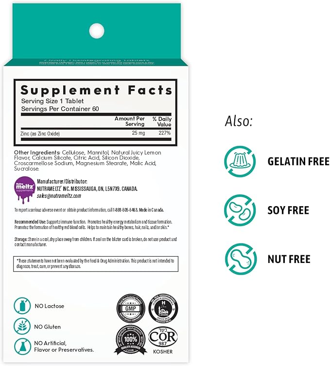 Nutrameltz Zinc 25 mg Supplement – Dietary Immune Support Supplement, Promotes Healthy Hair & Nails, Boost Metabolism Quick Dissolving – Mouthwatering Lemon Flavor (60 Tablets)