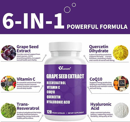 Grape Seed Extract Capsules - 400mg Grape Seed Extract Organic Supplements with Vitamin C, Resveratrol, Quercetin, CoQ10 & Hyaluronic Acid for Women & Men - 120 Capsules, 60 Days Supply