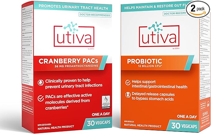 10% Bundle Utiva 36PAC Power Bundle | 30 Days | Bundle with 36mg Soluble Cranberry PACs (DMAC/A2) and 30B CFU Probiotic Power (Lactobacillus and Bifidobacterium Strains) | Locally Made.