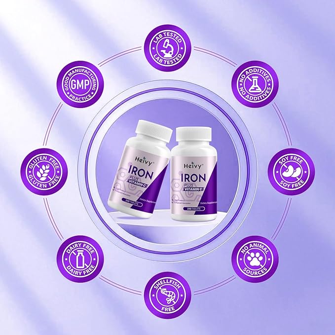 Ferrous Sulfate 325mg (Iron 65mg), High Potency Iron Supplement for Women and Men, Iron Pills with Vitamin C, Non-GMO - 240 Tablets (2 Pack) Made in USA