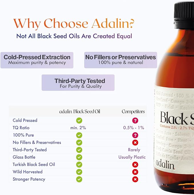 adalin Black Seed Oil Liquid 16.8 fl oz | Nigella Sativa Seed Oil | High Thymoquinone | Cold Pressed | Glass Bottle | Blackseed | Vegan | Gluten Free