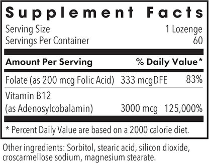 Allergy Research Group B12 Adenosylcobalamin Supplement - with Folic Acid, Vitamin B12 3000 mcg, Folate, Pure B12, Vegetarian Lozenges - 60 Count