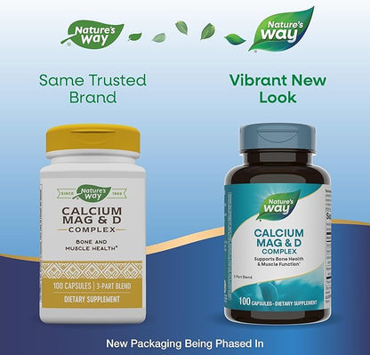Nature's Way Calcium Magnesium & Vitamin D Complex, Healthy Bones & Teeth, Muscle Function*, Muscle Relaxation,* with Vitamin D3, Gluten free, 100 Capsules (Packaging May Vary)