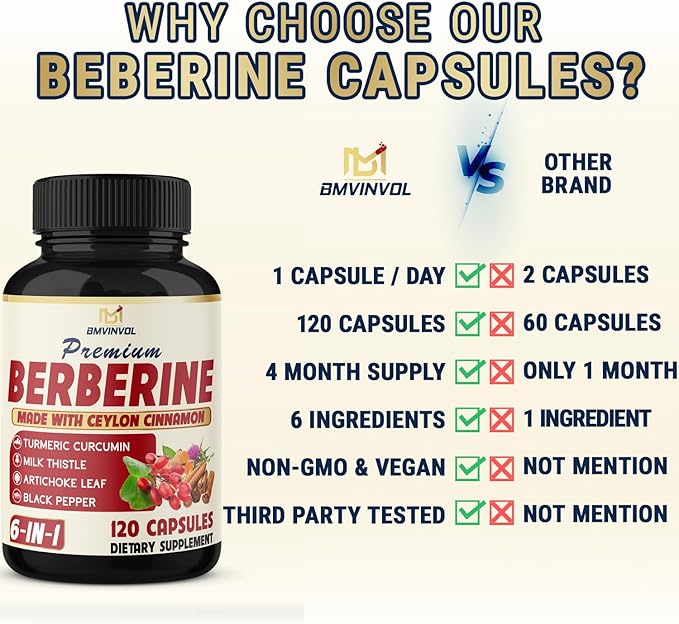 BMVINVOL 6in1 Berberine Supplement with Ceylon Cinnamon, Tumeric Root, Milk Thistle, Artichoke, Black Pepper -120 Capsules for 4 Month Supply