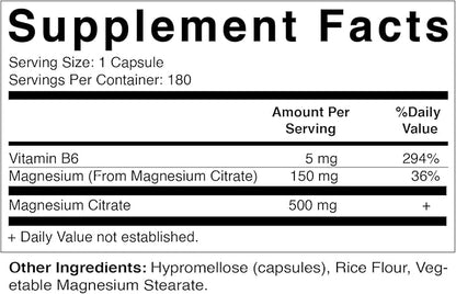 Vitamatic Magnesium Citrate 500mg per Serving - 180 Vegetarian Capsules (Provides 150 mg of Elemental Magnesium) - Added B6 for Maximum Absorption - Supports Muscle, Joint, and Heart Health*