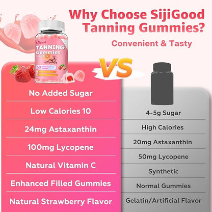 Tanning Gummies - Sugar Free Daily Tanning Gummies for Woman & Men, Self Tanning Melanin Supplements with Lycopene & Astaxanthin for Skin Health, Strawberries Flavor, 60 Count