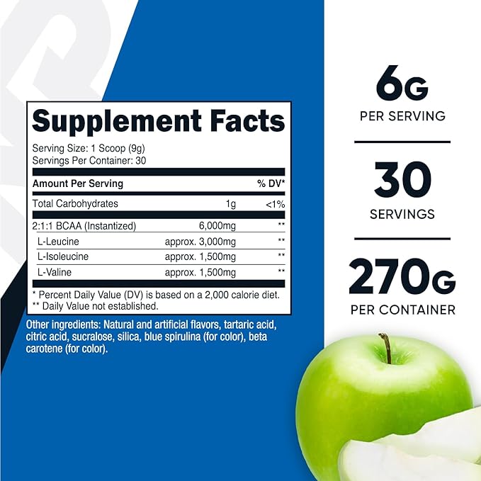 Nutricost BCAA Powder (Green Apple) 30 Servings - Vegetarian, Non-GMO, Gluten Free, Optimal 2:1:1 Ratio