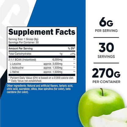 Nutricost BCAA Powder (Green Apple) 30 Servings - Vegetarian, Non-GMO, Gluten Free, Optimal 2:1:1 Ratio