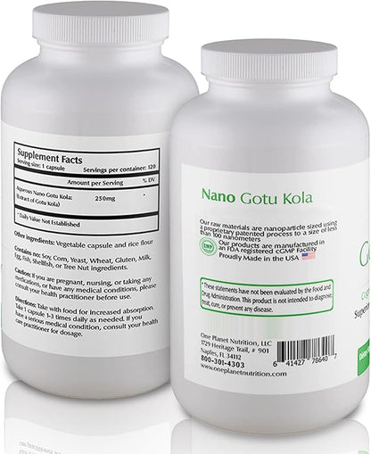 Nano Gotu Kola 250 mg Veggie Capsules (120 Servings), Gotu Kola Extract, Nano for Enhanced Absorption, Enhances Brain Function & Collagen Synthesis, Non-GMO, Vegan, Gluten-Free