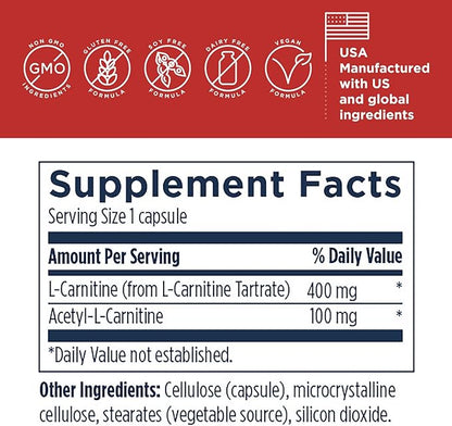 Designs for Health Carnitine Synergy - 400mg L-Carnitine (from Carnitine Tartrate) + 100mg Acetyl L-Carnitine Pills - Non-GMO + Vegetarian Supplement (120 Capsules)