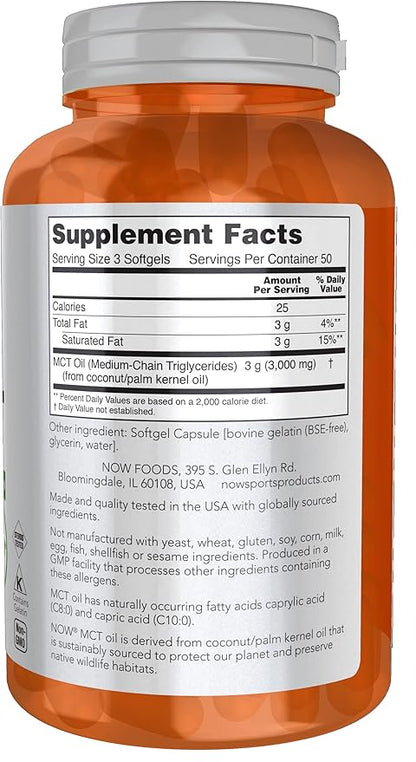 NOW Foods Sports Nutrition, MCT (Medium-chain triglycerides) Oil 1,000 mg, Weight Management, 150 Softgels