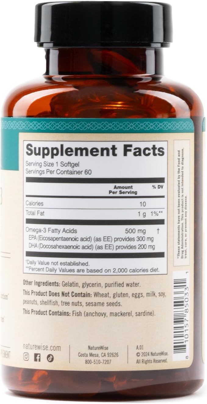 NatureWise Omega 3 Fish Oil - 500 mg per Pill - EPA & DHA - Immune Support, Brain & Heart Health, Optimal Wellness - Gluten and Soy Free, Non-GMO - 60 Softgels[2-Month Supply]