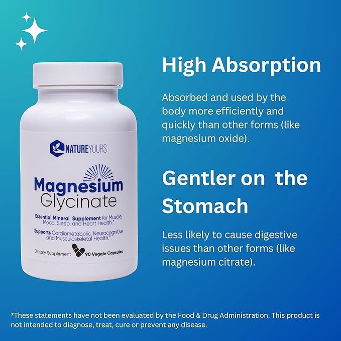 Magnesium Glycinate - Supplement for Muscle, Mood, Sleep, and Heart Health. 90 Veggie Capsules, 90 Day Supply