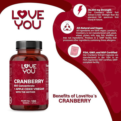 Love You Cranberry 60:1 Extract + Organic Apple Cider Vinegar – Max Strength 36,200 mg Equivalent – 120 Vegan Capsules – Urinary Tract & Digestive Support