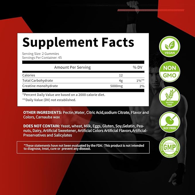 Creatine Monohydrate Gummies for Men & Women, Chewables Creatine Monohydrate for Muscle Strength, Muscle Builder, Energy Boost, Pre-Workout Supplement(90 Count)-Watermelon Flavor. 1 Pack